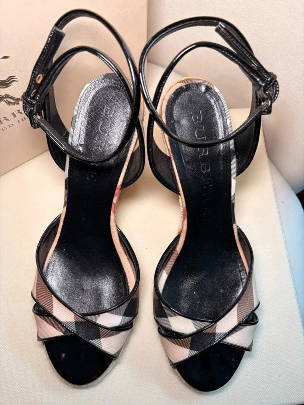 Burberry Nova Check canvas and black patent leather Espadrille Wedges, Sz 40.5